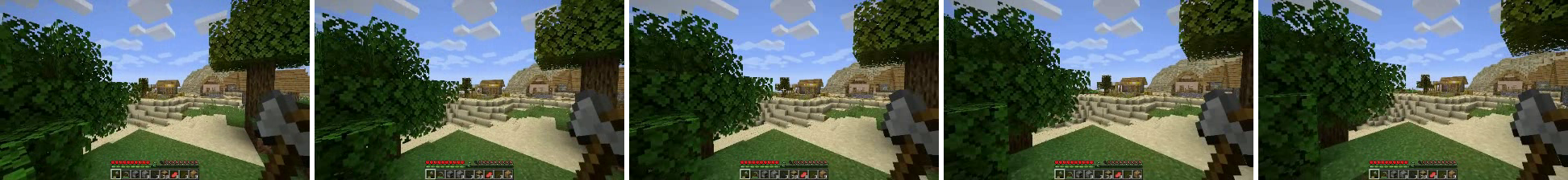 Five consecutive frames generated by the MineWorld world model